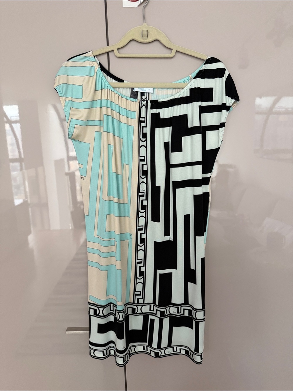 Emilio Pucci Mint, Black & Cream Geometric Scoop Neck Mini Dress